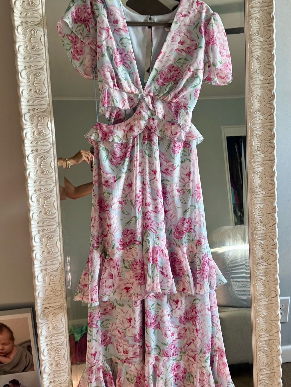 Wayf Pink Floral Maxi Dress with side cut outs